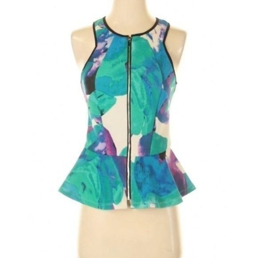 Bebe Floral Peplum Zip Front Sleeveless Top Shirt Small